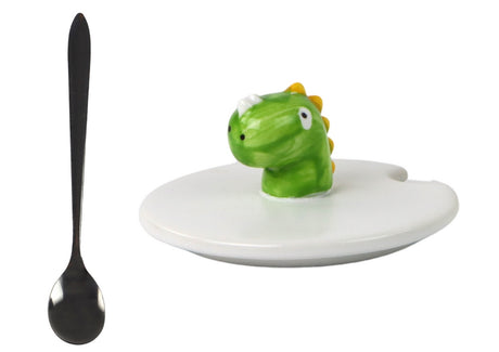 Keramikmugg dinosaurie 350 ml med lock, metallsked och handtag
