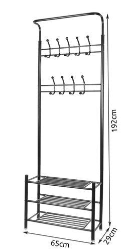 Klädhängare i järnrör 192x65x29 cm med 18 krokar och 3 skohyllor