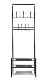 Klädhängare i järnrör 192x65x29 cm med 18 krokar och 3 skohyllor
