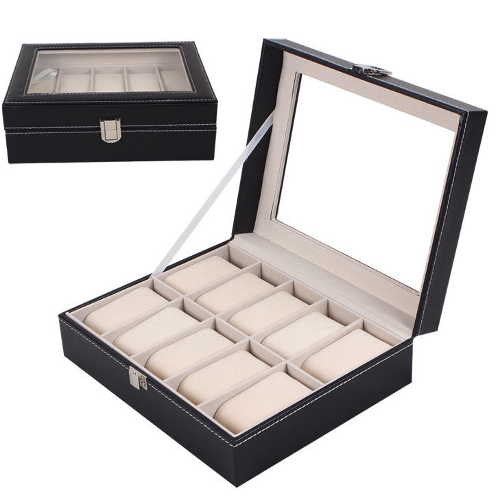 Klockbox för 10 klockor i PU-läder med fönster 26x20,5x7,5 cm