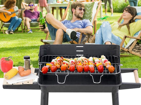Kolgrill med justerbart grillgaller 5 nivåer hyllor och hjul 84x78x42