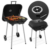 Kolgrill med lock 77x53x46 cm svart med hjul och hylla