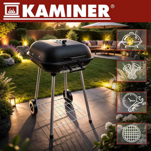 Kolgrill med lock 77x53x46 cm svart med hjul och hylla