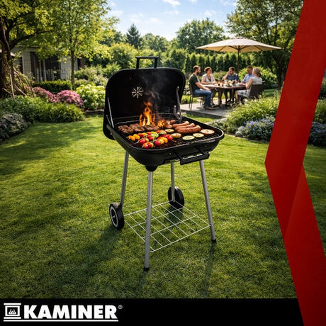 Kolgrill med lock 77x53x46 cm svart med hjul och hylla