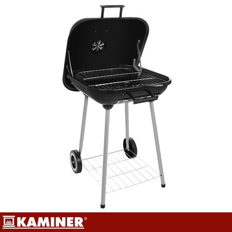 Kolgrill med lock 77x53x46 cm svart med hjul och hylla