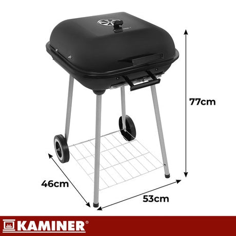 Kolgrill med lock 77x53x46 cm svart med hjul och hylla