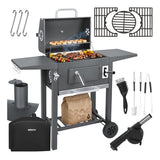 Kolgrill med lock och termometer, gjutjärnsgaller, överdrag, svart
