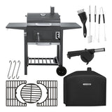 Kolgrill med lock och termometer, gjutjärnsgaller, överdrag, svart
