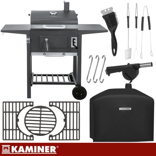 Kolgrill med lock och termometer, gjutjärnsgaller, överdrag, svart