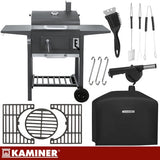 Kolgrill med lock och termometer, gjutjärnsgaller, överdrag, svart