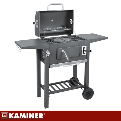 Kolgrill med lock och termometer, gjutjärnsgaller, överdrag, svart