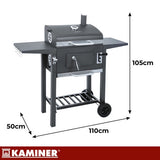 Kolgrill med lock och termometer, gjutjärnsgaller, överdrag, svart