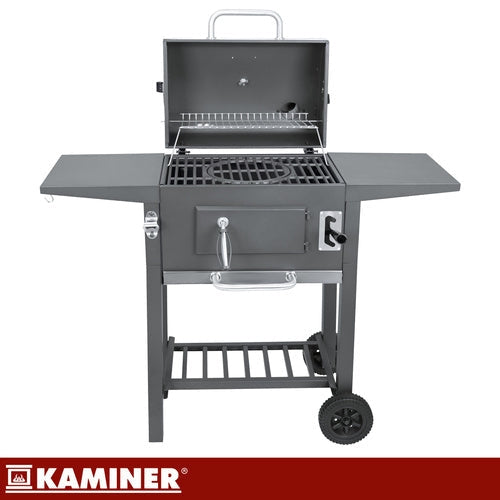 Kolgrill med lock och termometer, gjutjärnsgaller, överdrag, svart
