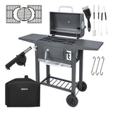 Kolgrill med lock och termometer, gjutjärnsgaller, överdrag, svart