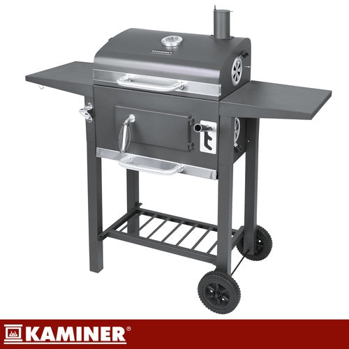 Kolgrill med lock och termometer, gjutjärnsgaller, överdrag, svart