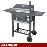 Kolgrill med lock och termometer, gjutjärnsgaller, överdrag, svart