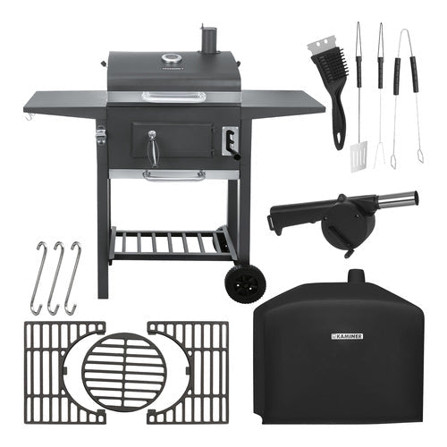 Kolgrill med lock och termometer, gjutjärnsgaller, överdrag, svart