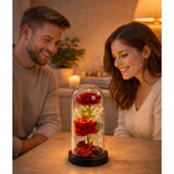 Konstgjorda röda rosor i glaskupa med 20 varmvita LED, 11x21 cm