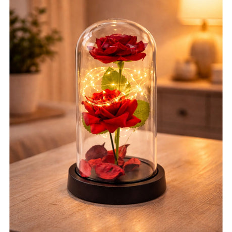 Konstgjorda röda rosor i glaskupa med 20 varmvita LED, 11x21 cm