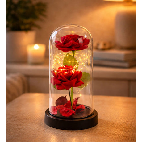 Konstgjorda röda rosor i glaskupa med 20 varmvita LED, 11x21 cm