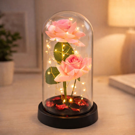 Konstgjorda rosor i glaskupol med LED 20 varmvita, 11x21 cm