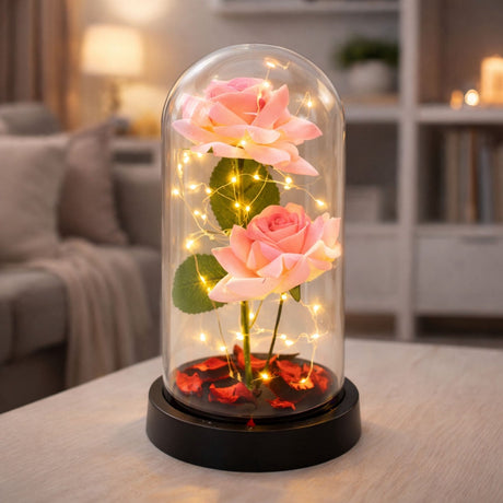 Konstgjorda rosor i glaskupol med LED 20 varmvita, 11x21 cm