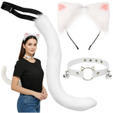 Kostymset med kattöron, svans och choker med klockor vit 3-delar