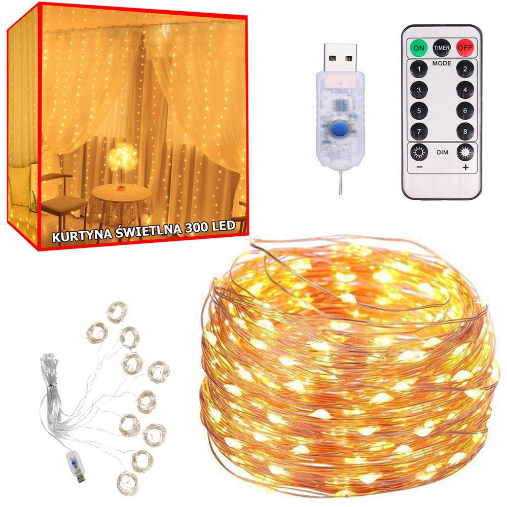 LED-ljusridå 3x3 m 300 LED varmvit USB med fjärrkontroll timer