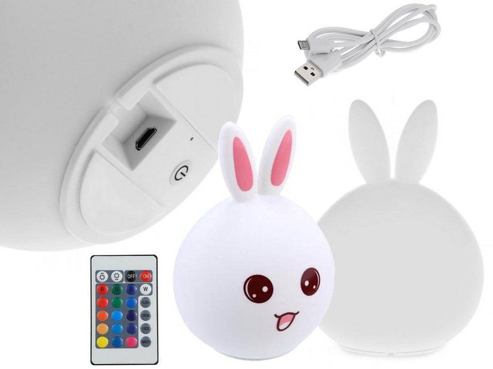 LED nattlampa kanin i silikon med fjärrkontroll USB vit