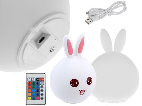 LED nattlampa kanin i silikon med fjärrkontroll USB vit