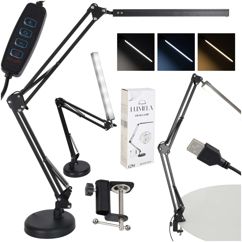 LED-skrivbordslampa med klämma USB 10 nivåer 3500–6000K svart
