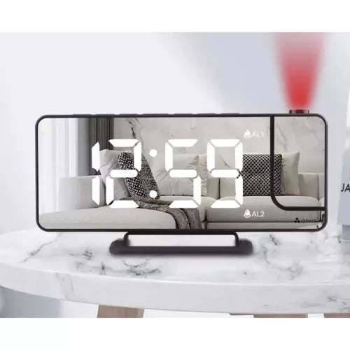 LED väckarklocka med projektor & spegel, USB-C/batteri, svart