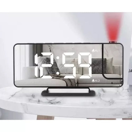 LED väckarklocka med projektor & spegel, USB-C/batteri, svart