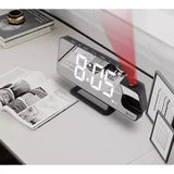 LED väckarklocka med projektor & spegel, USB-C/batteri, svart