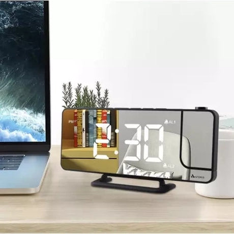 LED väckarklocka med projektor & spegel, USB-C/batteri, svart