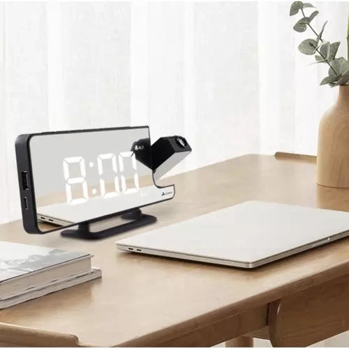 LED väckarklocka med projektor & spegel, USB-C/batteri, svart