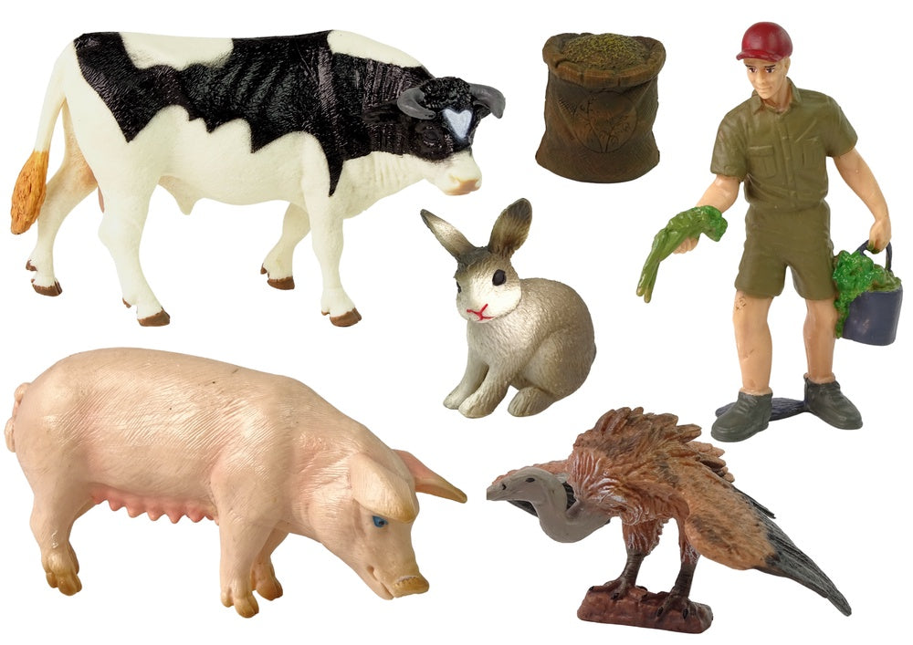 Lantgårdsfigurer set med hage och lantbrukare, ko gris hare gam 3+