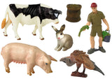 Lantgårdsfigurer set med hage och lantbrukare, ko gris hare gam 3+