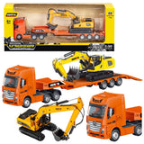 Lastbil med lågbyggd semitrailer och grävmaskin 1:50 metall/ABS