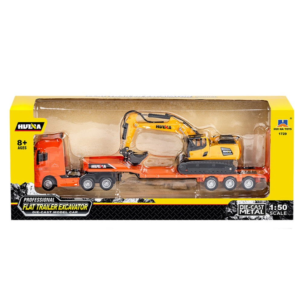 Lastbil med lågbyggd semitrailer och grävmaskin 1:50 metall/ABS