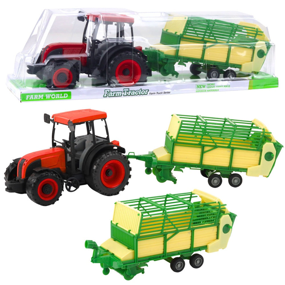 Leksak gårdstraktor med trailer 49 cm röd/grön/gul plast