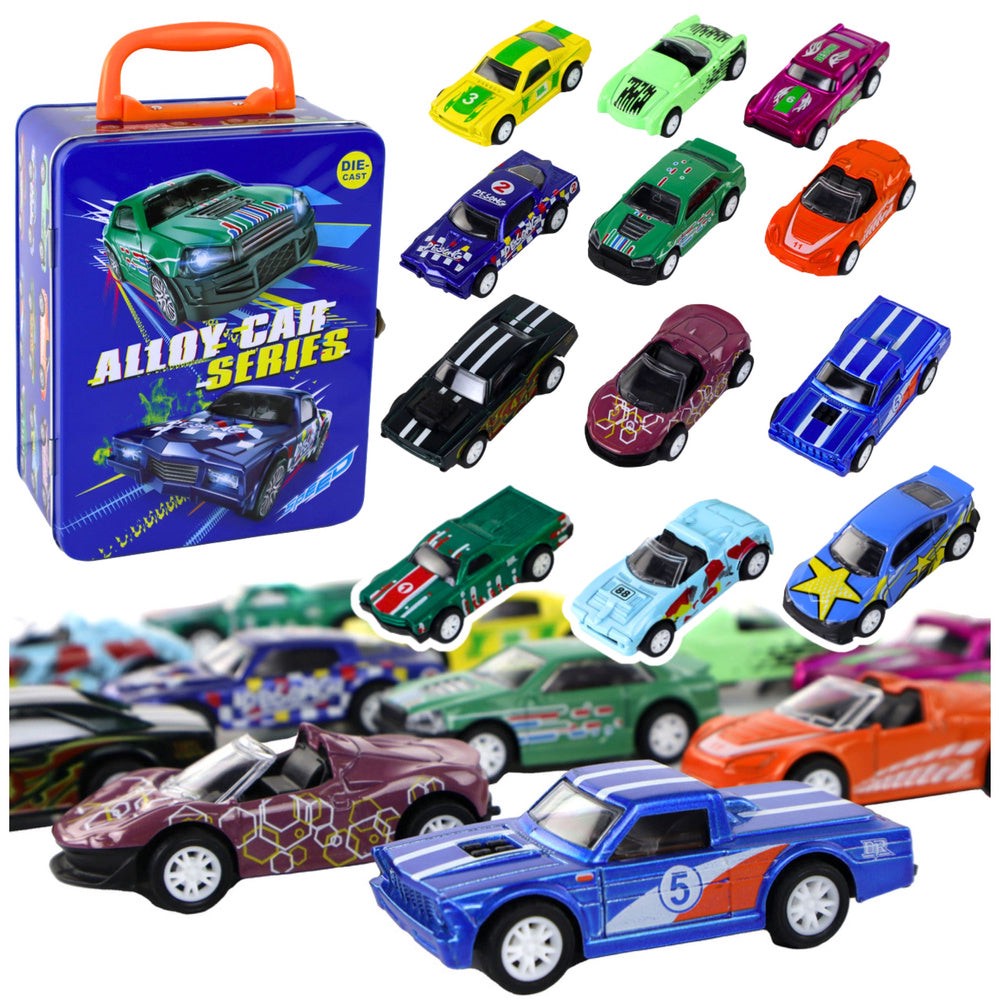 Leksaksbilar friktionsdrift 12-pack 1:64 med metallväska, 3+