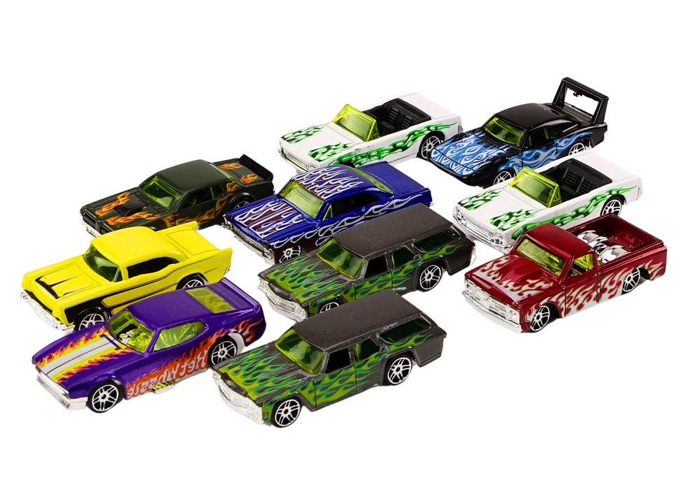 Leksaksbilar metall 10-pack med flammor skala 1:64 8 cm