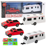 Leksaksbil die-cast off-road med campingtrailer röd/vit + kort