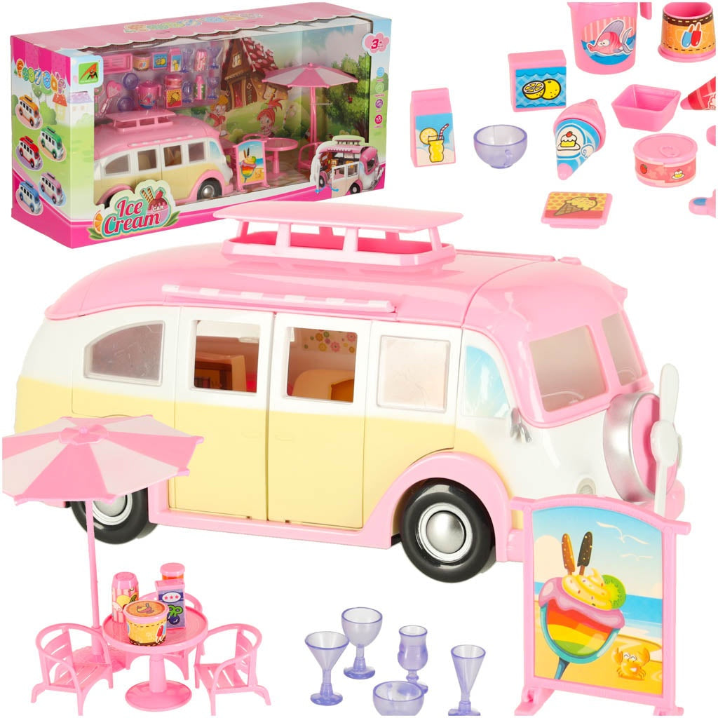 Leksaksbil glassbil camper med tillbehör 30 delar, rosa/vit, 3+
