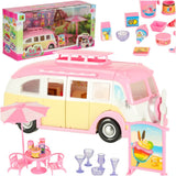 Leksaksbil glassbil camper med tillbehör 30 delar, rosa/vit, 3+