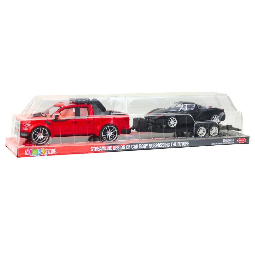 Leksaksbil off-road med friktionsdrift, bilsläp och sportbil 58,5 cm