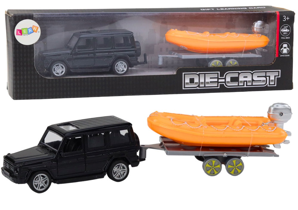 Leksaksbil off-road med trailer och båt svart/orange 17 cm
