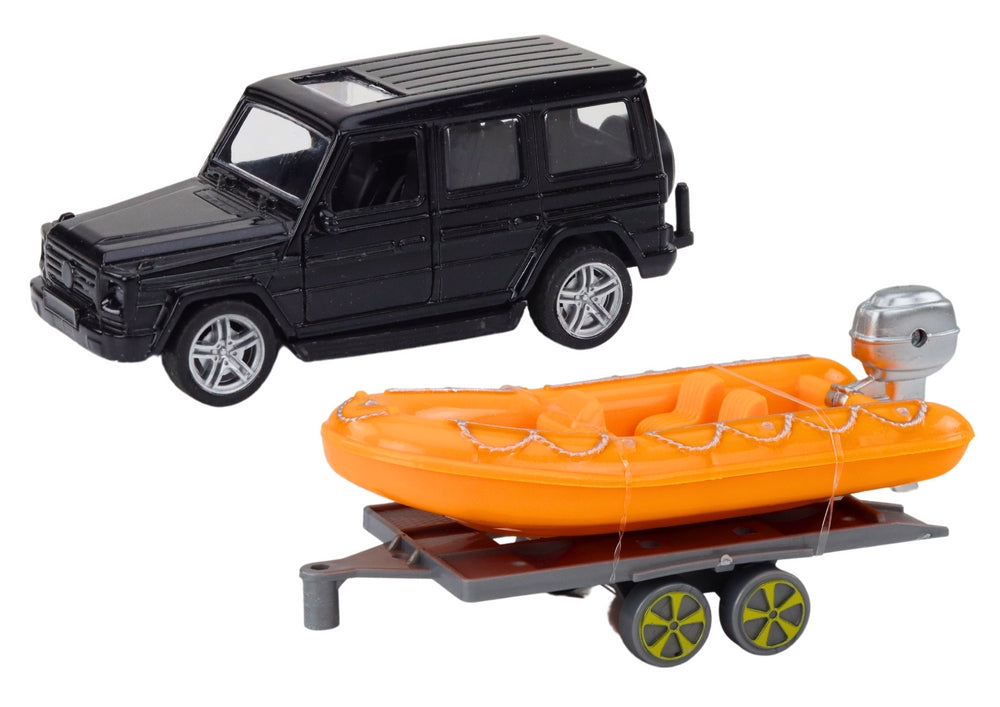 Leksaksbil off-road med trailer och båt svart/orange 17 cm