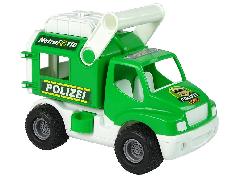 Leksaksbil polisbil med släp 24 cm, öppningsbara delar, 1+ år
